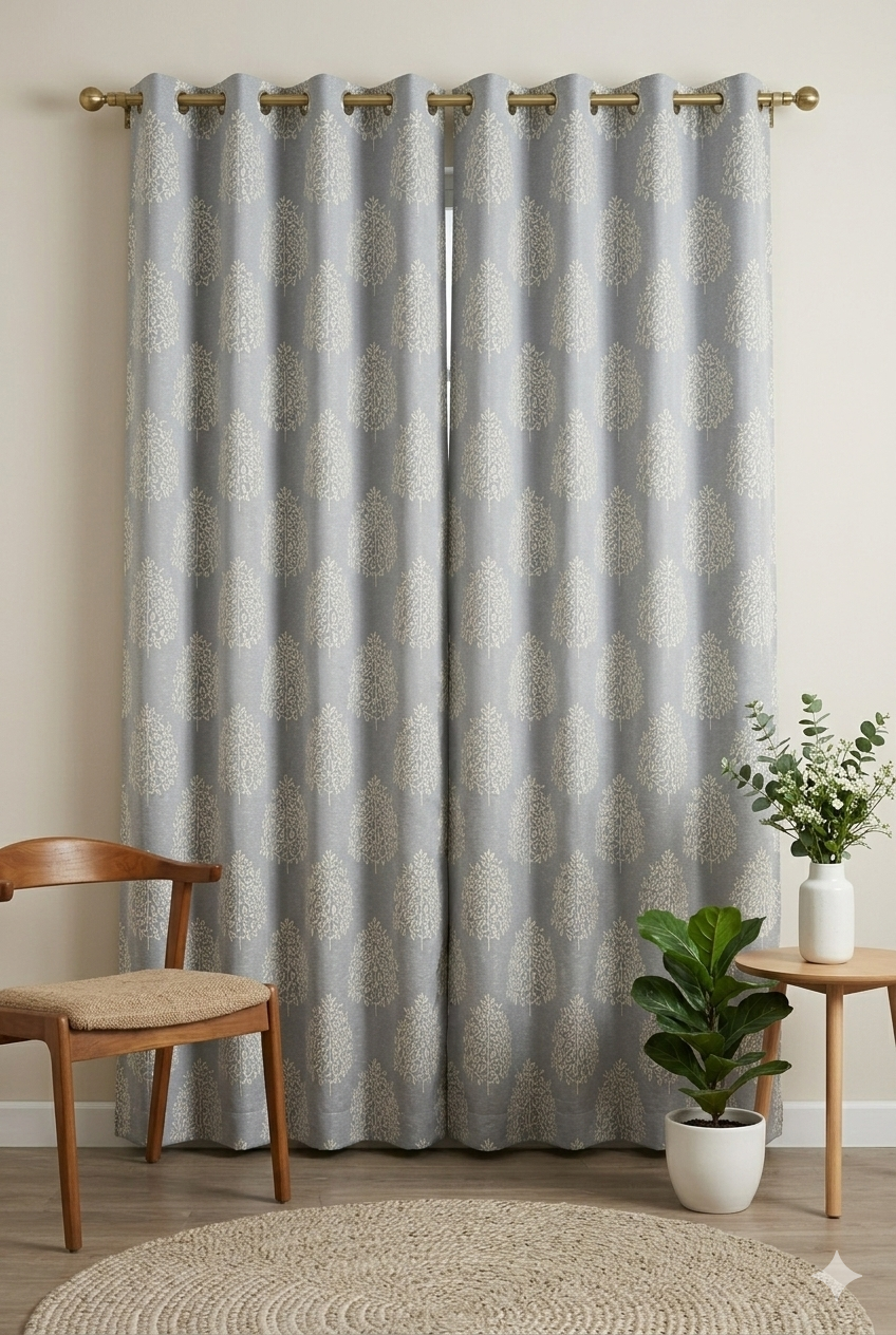 Blue Leaf Pattern Curtain Fabric | Custom Length | Sold Per Metre