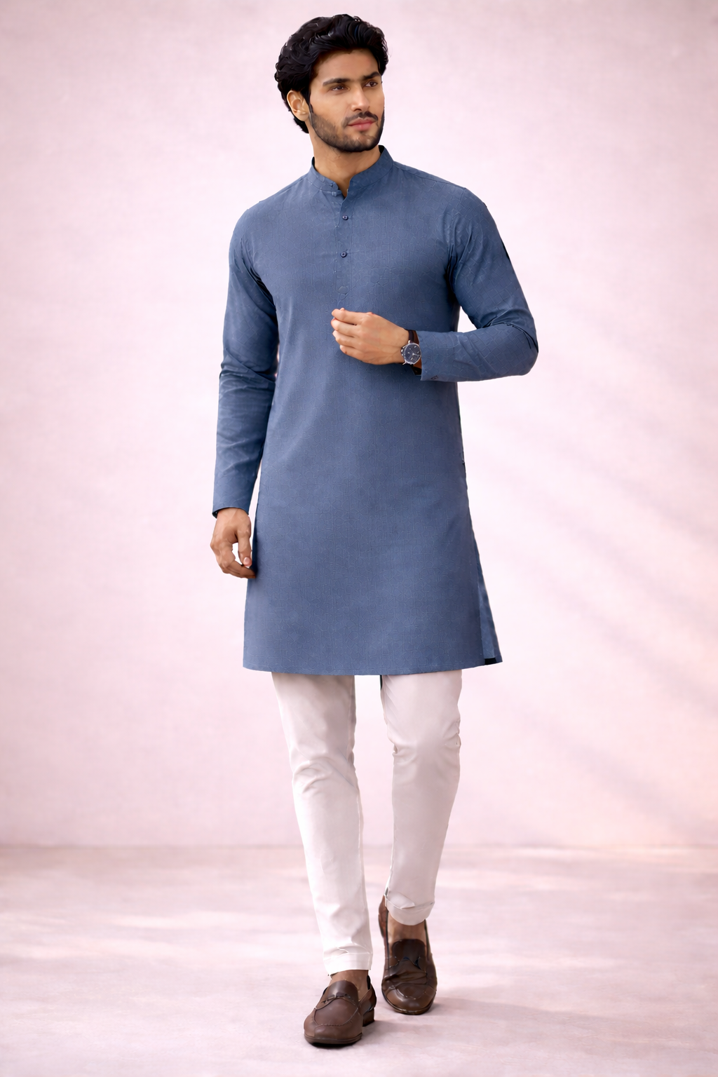 Premium Giza Cotton Fabric Cooks Blue for Kurta Pajama (58 Inch Width) Per Meter