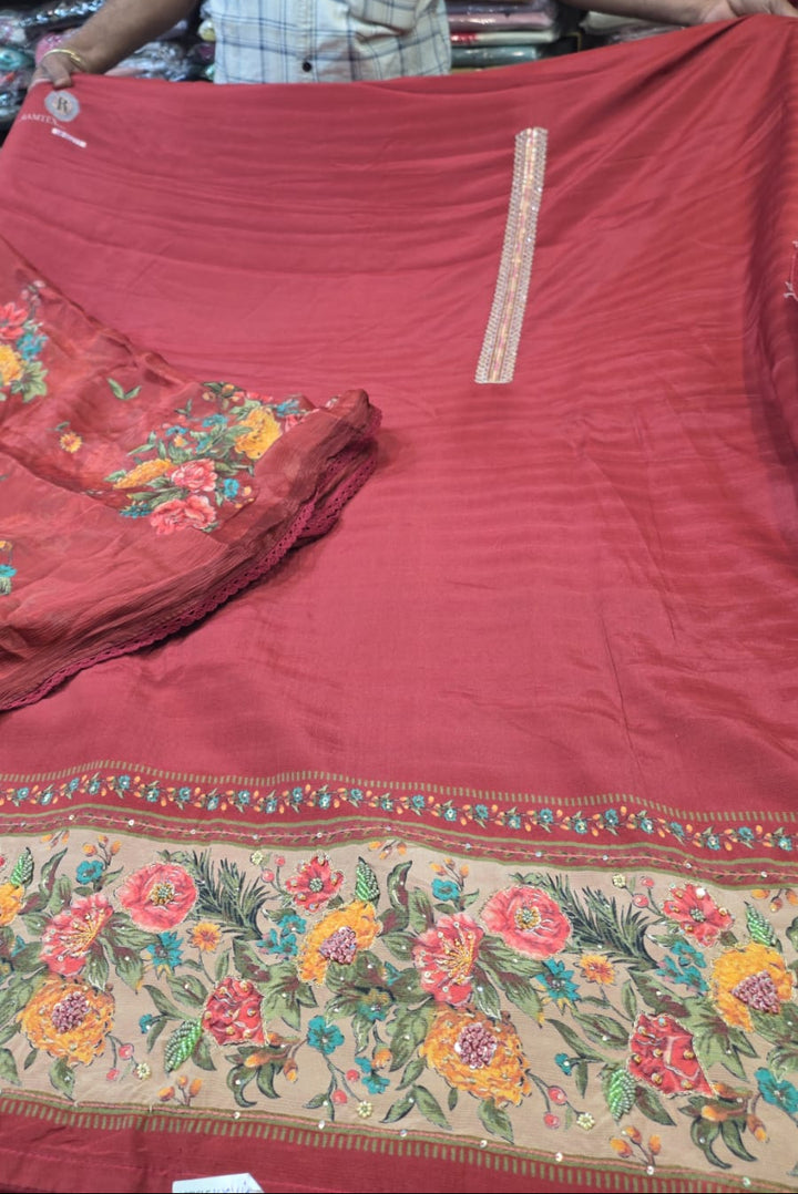 Rust Red Floral Print Cotton Unstitched Suit Fabric Set with Dupatta