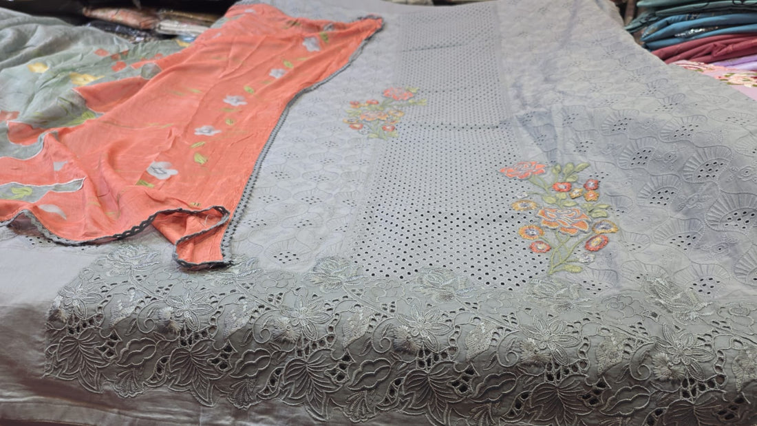 Grey Embroidered Cotton Unstitched Suit Fabric Set with Contrast Dupatta