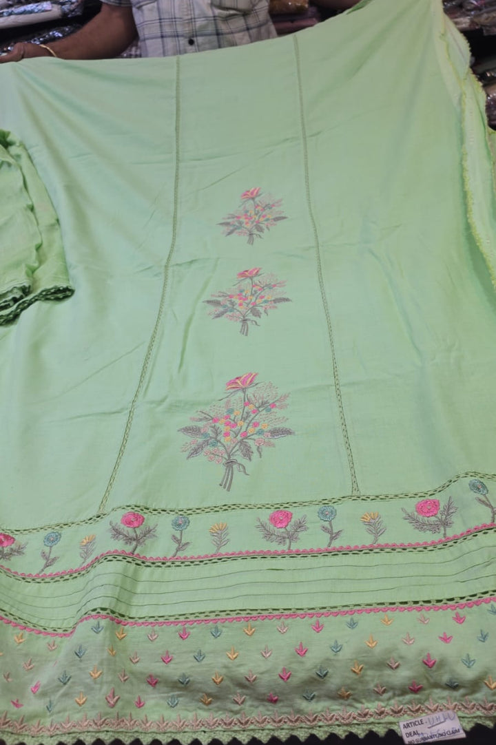 Pista Green Embroidered Cotton Unstitched Suit Fabric Set with Dupatta