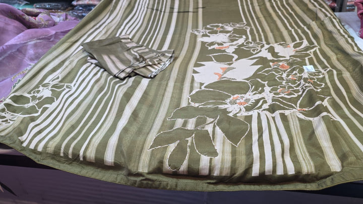Olive Green Striped Floral Cotton Unstitched Suit Fabric Set with Dupatta