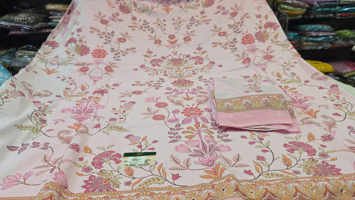 Soft Pink Floral Cotton Unstitched Suit Fabric Set