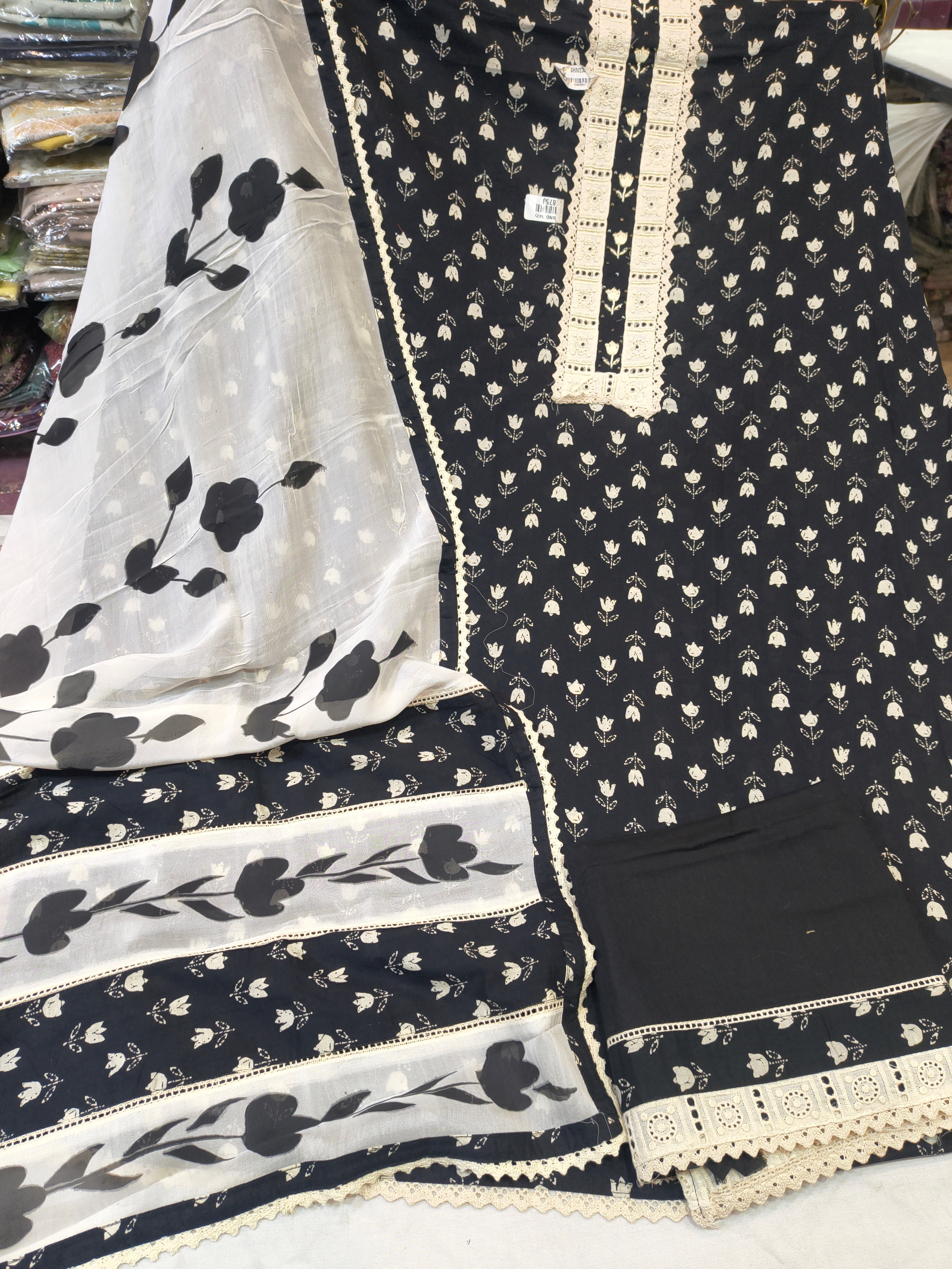 Black Printed Unstitched Suit Fabric Set with Tabby Dupatta