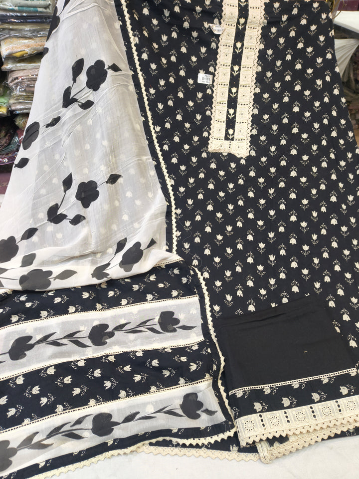 Black Printed Unstitched Suit Fabric Set with Tabby Dupatta