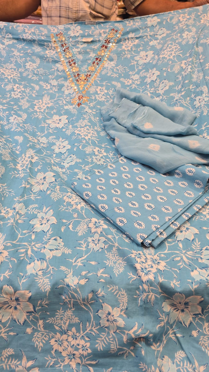 Sky Blue Floral Cotton Unstitched Suit Fabric Set with Embroidered Neck