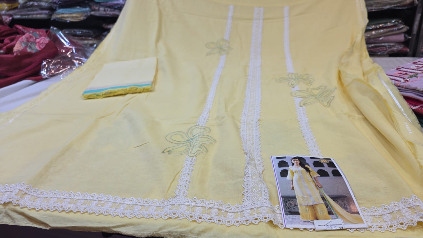 Lemon Yellow Cotton Unstitched Suit Fabric Set with Lace Work