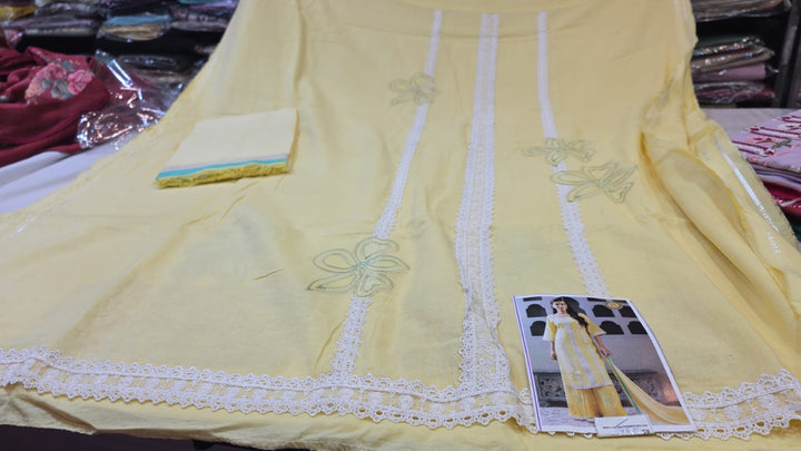 Lemon Yellow Cotton Unstitched Suit Fabric Set with Lace Work