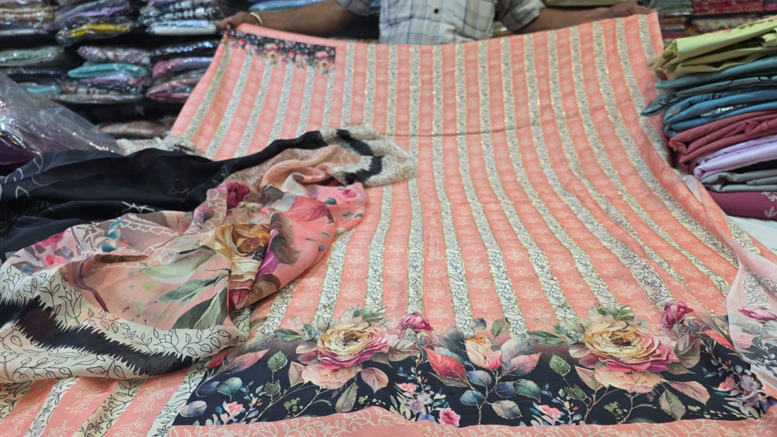 Peach Striped Crepe Unstitched Suit Fabric Set with Floral Border Dupatta