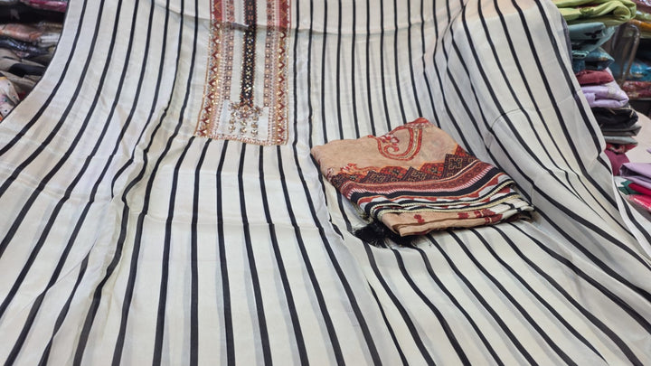 Black & White Striped Crepe Unstitched Suit Fabric Set with Printed Dupatta