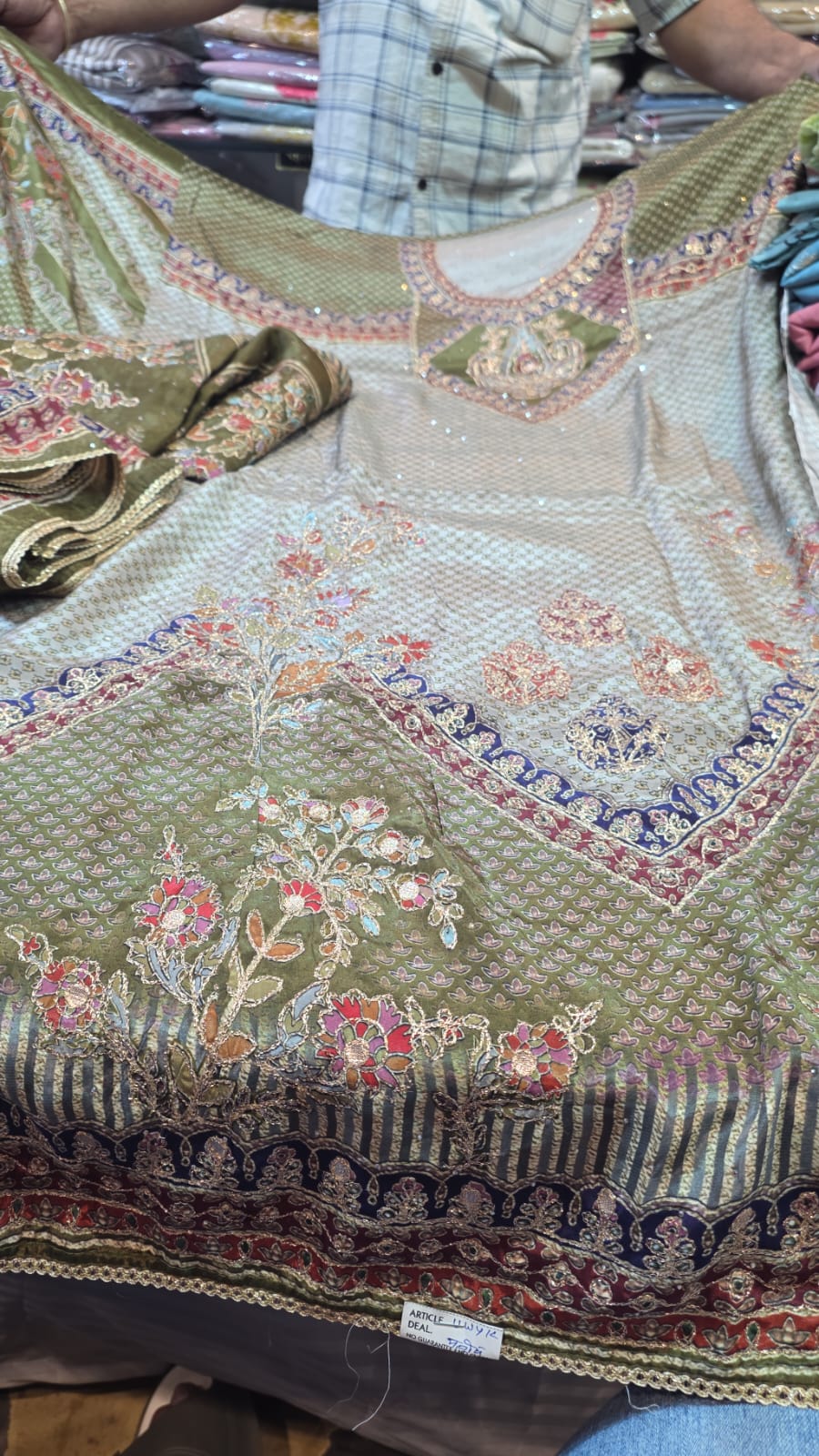 Olive Green Printed Crepe Unstitched Suit Fabric Set with Designer Dupatta