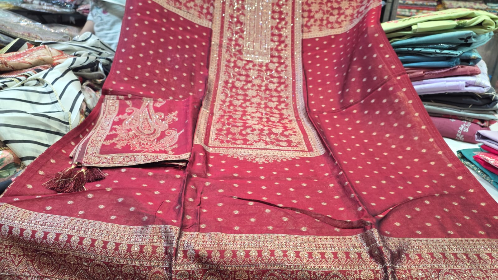 Maroon Zari Work Crepe Unstitched Suit Fabric Set with Designer Dupatta