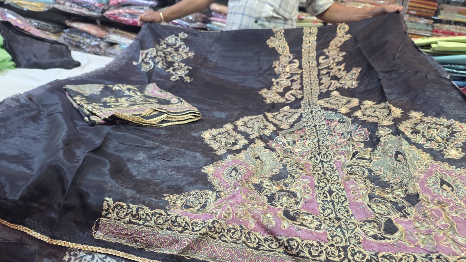 Black Heavy Embroidered Crepe Unstitched Suit Fabric Set with Designer Dupatta