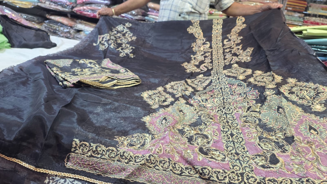 Black Heavy Embroidered Crepe Unstitched Suit Fabric Set with Designer Dupatta