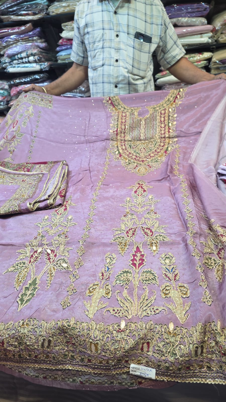 Mauve Heavy Embroidered Crepe Unstitched Suit Fabric Set with Designer Dupatta