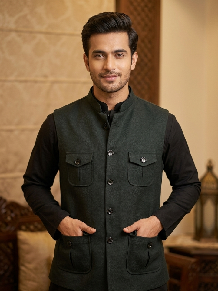 Man wearing a black vest over a black shirt in an indoor setting

