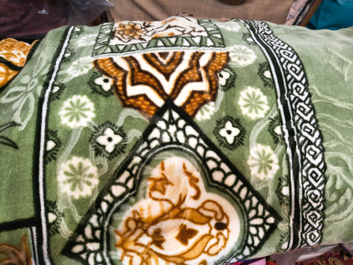 Premium Double Bed Fleece Winter Blanket – Green Traditional Design