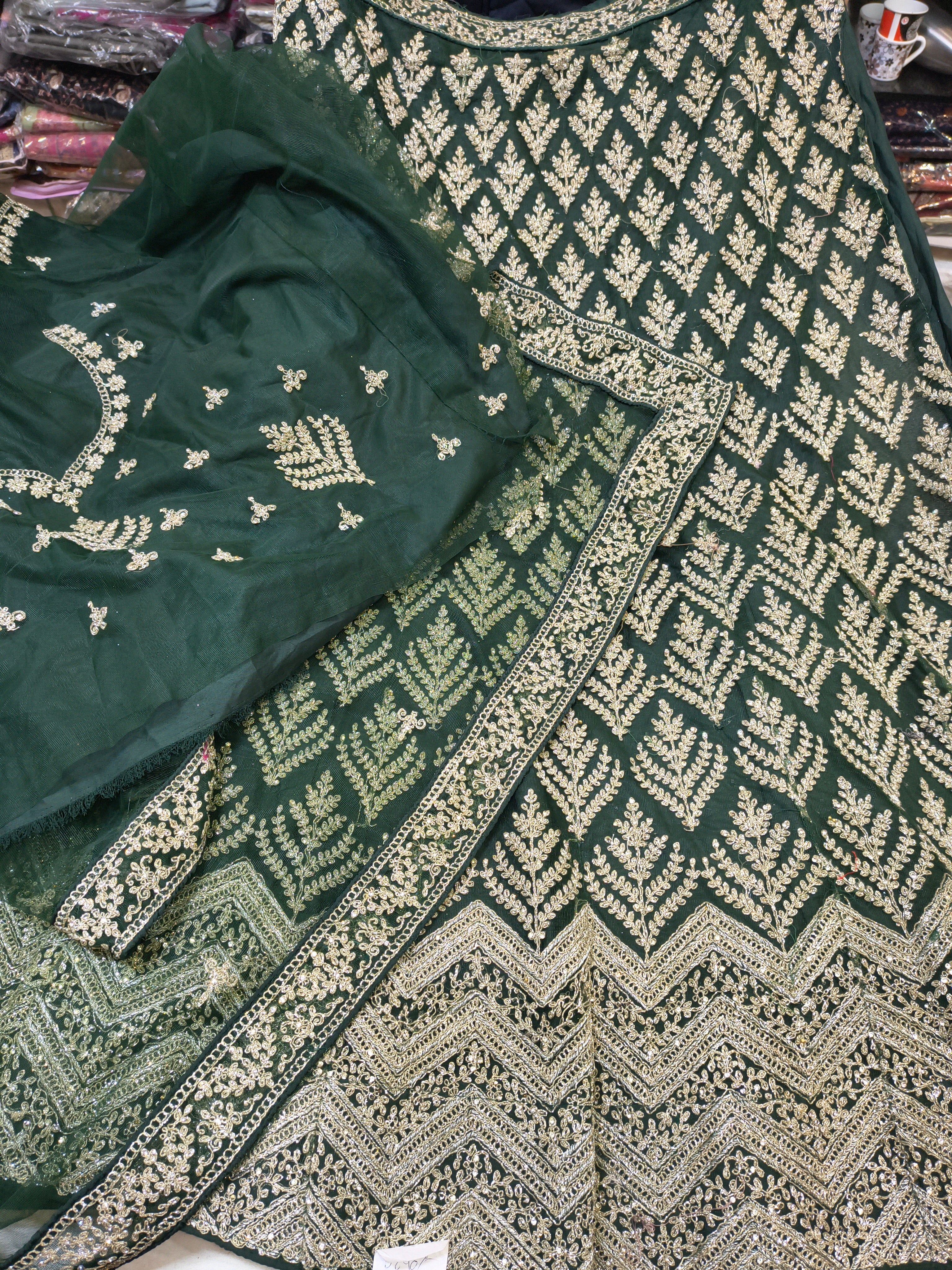 Dark Green Embroidered Net Lehenga Choli with Dupatta (Unstitched)