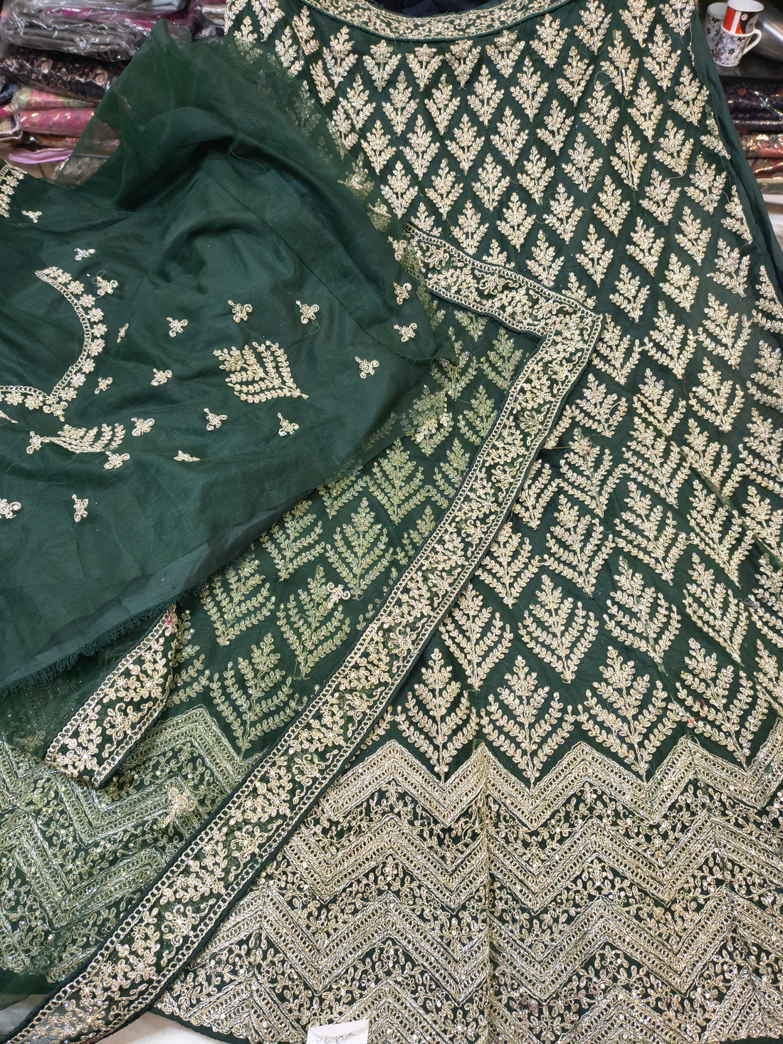 Dark Green Embroidered Net Lehenga Choli with Dupatta (Unstitched)