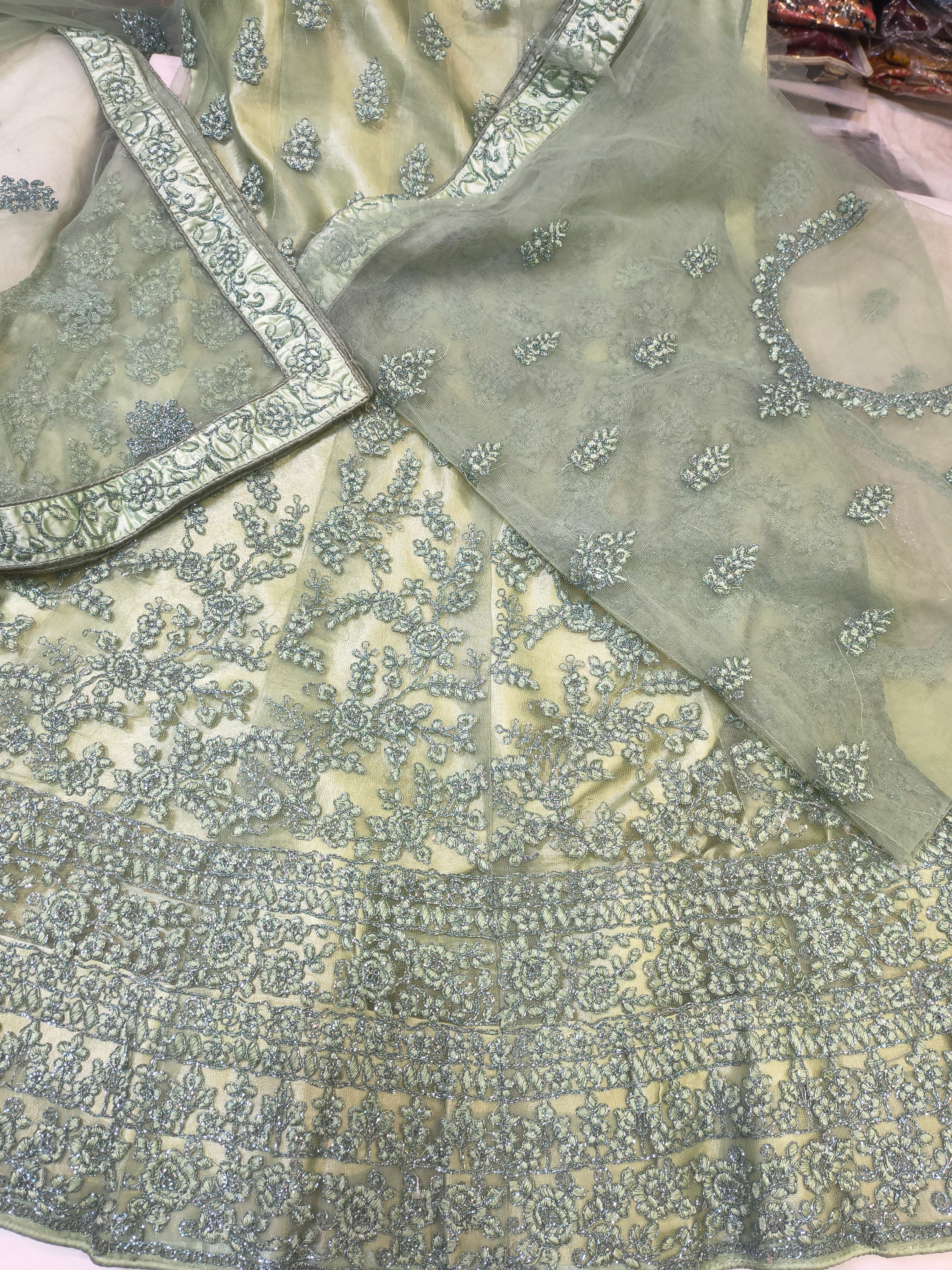 Sage Green Embroidered Net Lehenga Choli with Sequins & Dupatta (Unstitched)