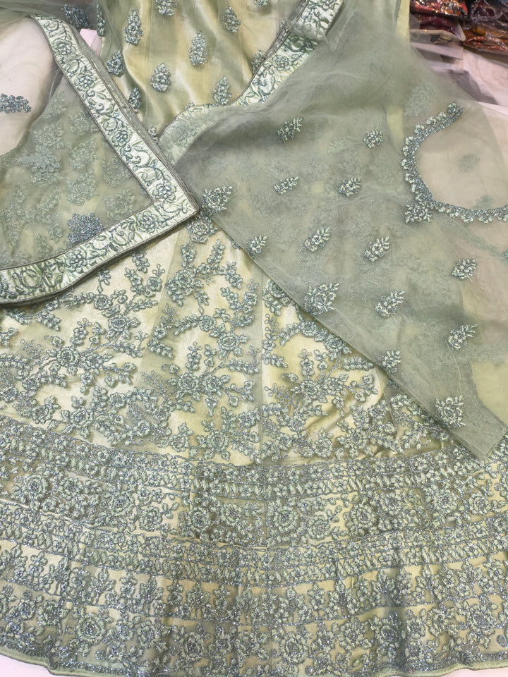 Sage Green Embroidered Net Lehenga Choli with Sequins & Dupatta (Unstitched)