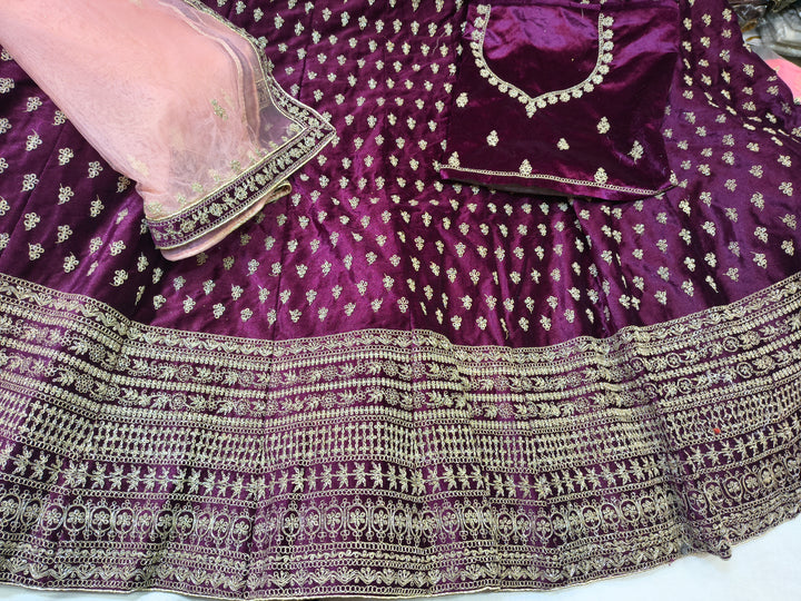 Wine Purple Velvet Lehenga Choli with Gold Stone Work & Net Dupatta (Unstitched)