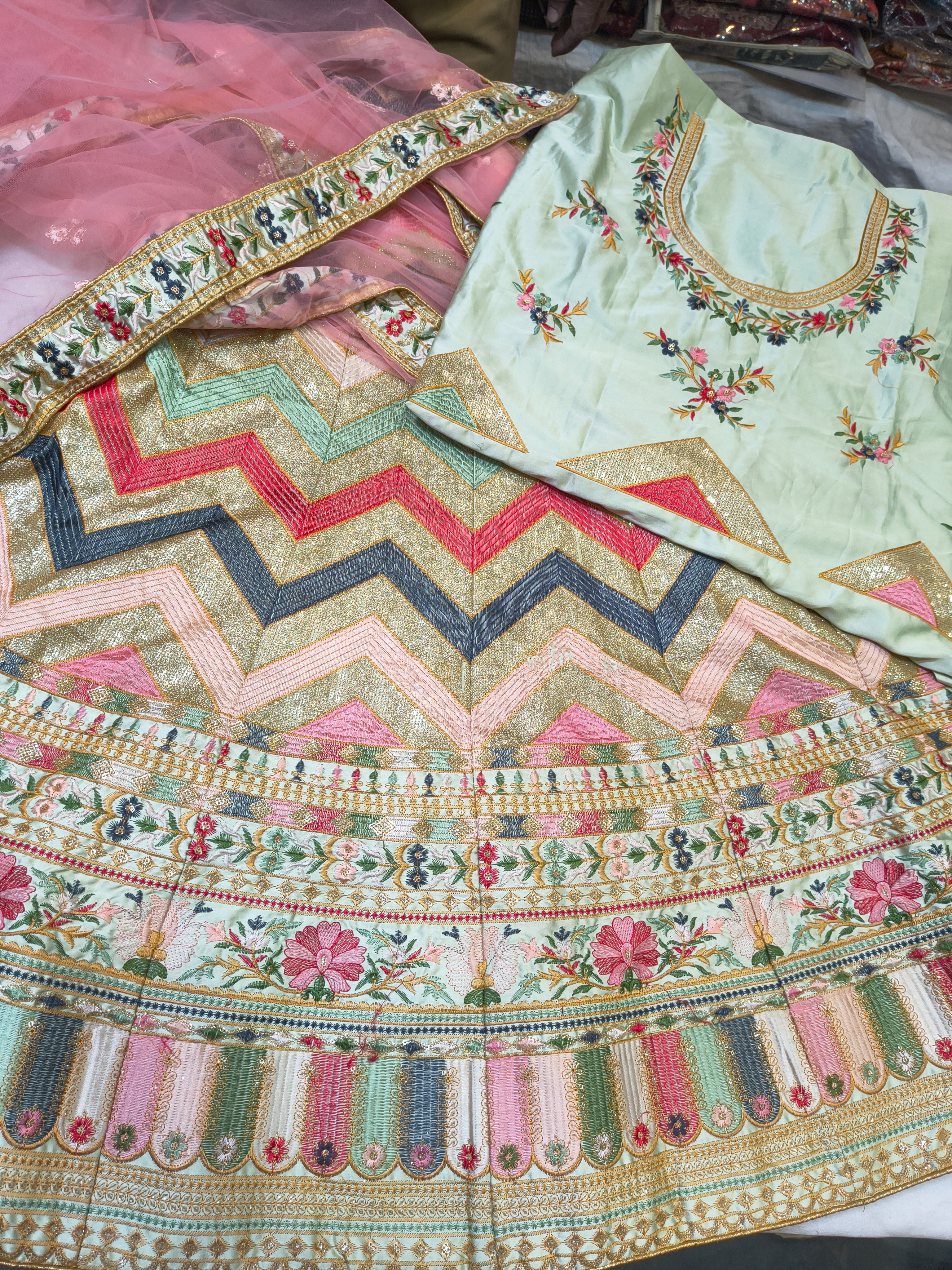 Mint Green & Multicolor Chevron Embroidered Satin Silk Lehenga Set with Net Dupatta (Unstitched)