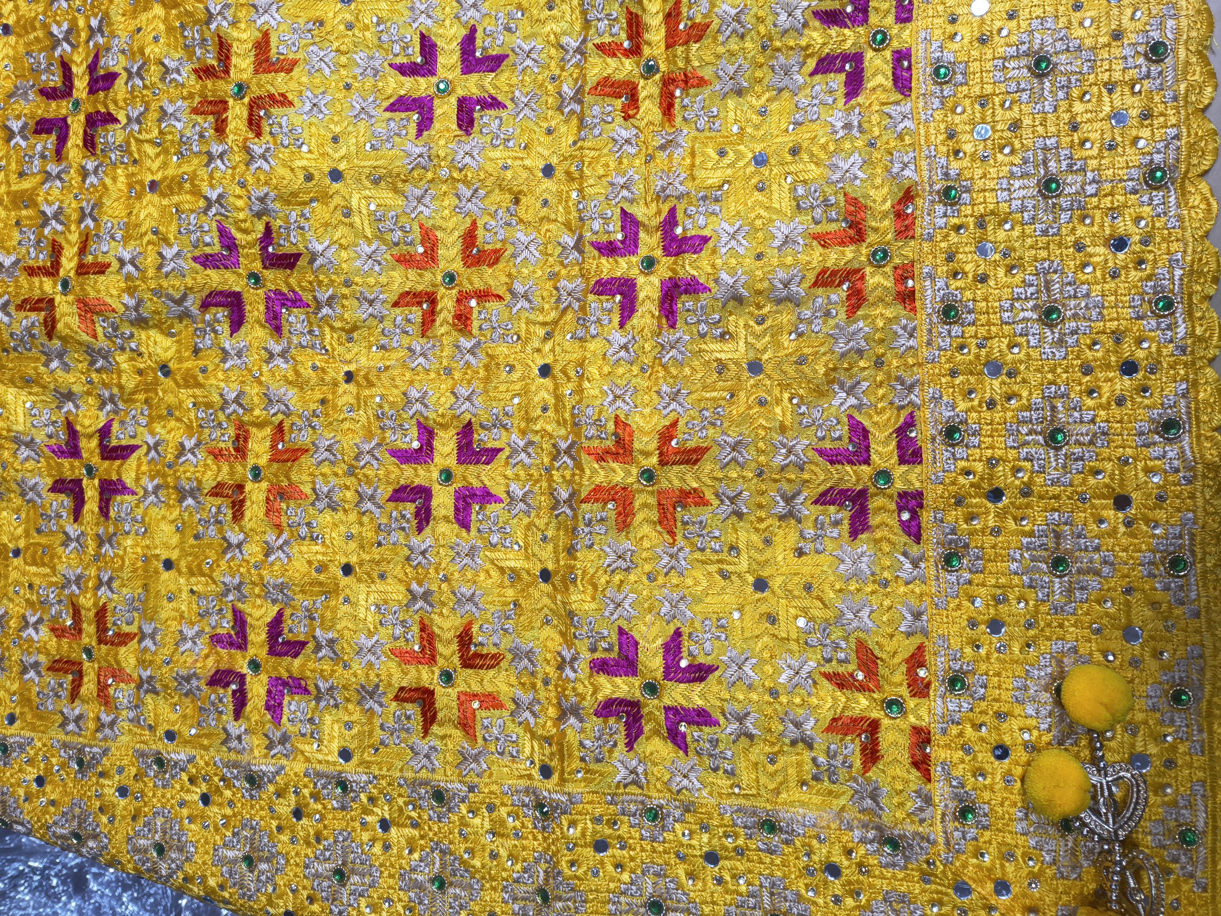 Heavy Yellow Phulkari Dupatta with Full Embroidery & Mirror Work