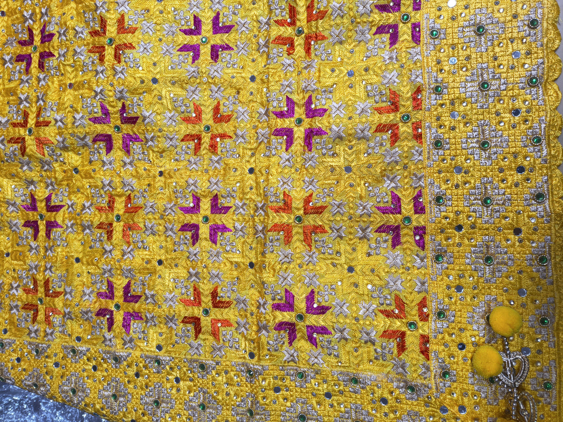 Heavy Yellow Phulkari Dupatta with Full Embroidery & Mirror Work