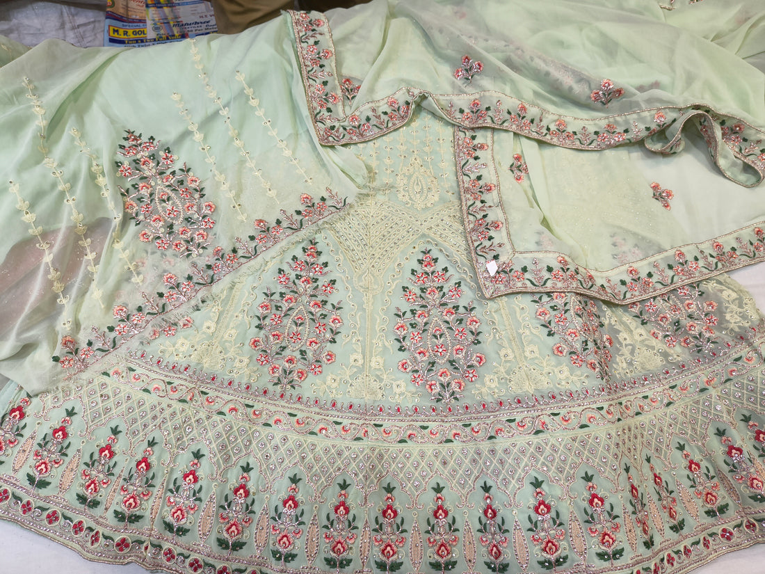 Mint Green Embroidered Georgette Lehenga Choli with Floral Border & Dupatta (Unstitched)