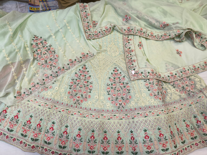 Mint Green Embroidered Georgette Lehenga Choli with Floral Border & Dupatta (Unstitched)
