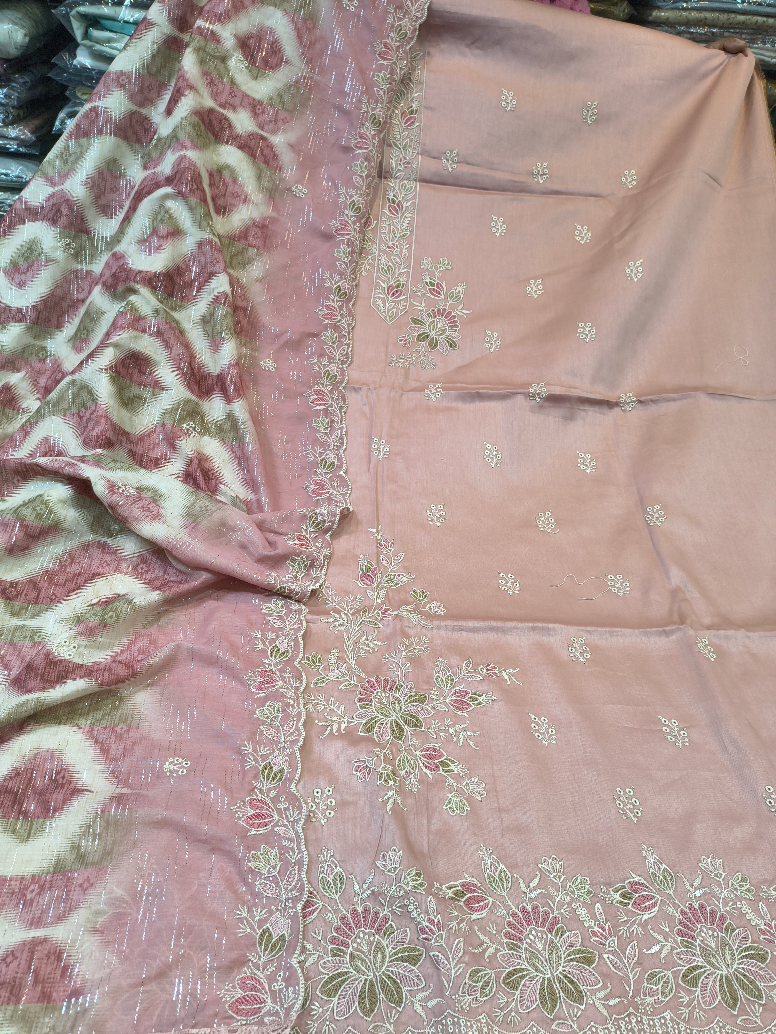 Baby Pink Embroidered Unstitched Suit Fabric Set with Designer Dupatta