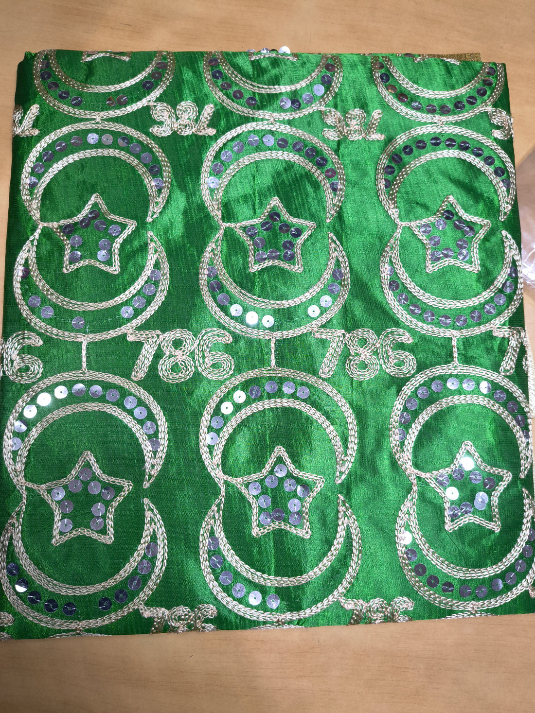 Premium Islamic Chadar Green 786 Moon Star Sequin Embroidery Design