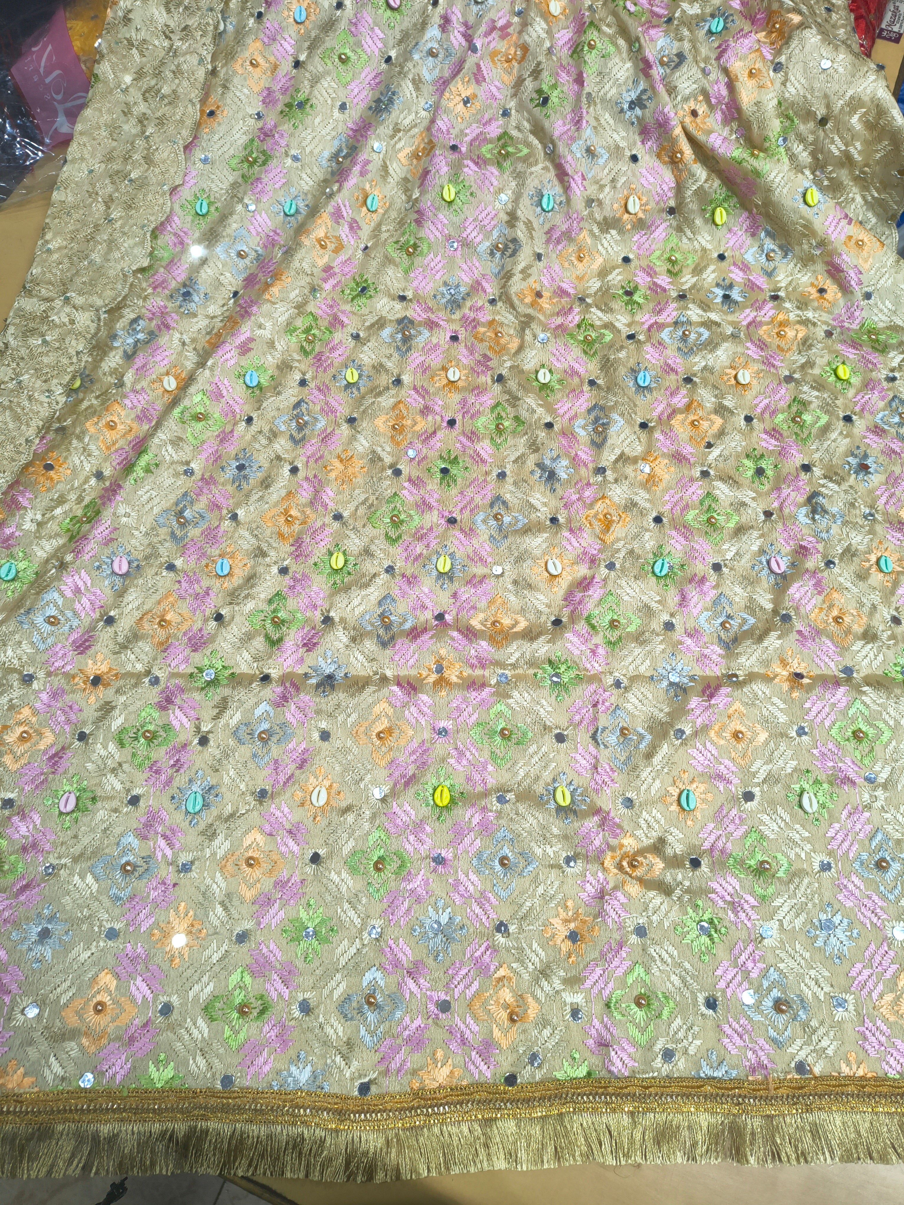 Golden Beige Multicolor Mirror Work Phulkari Dupatta with Tassel Border