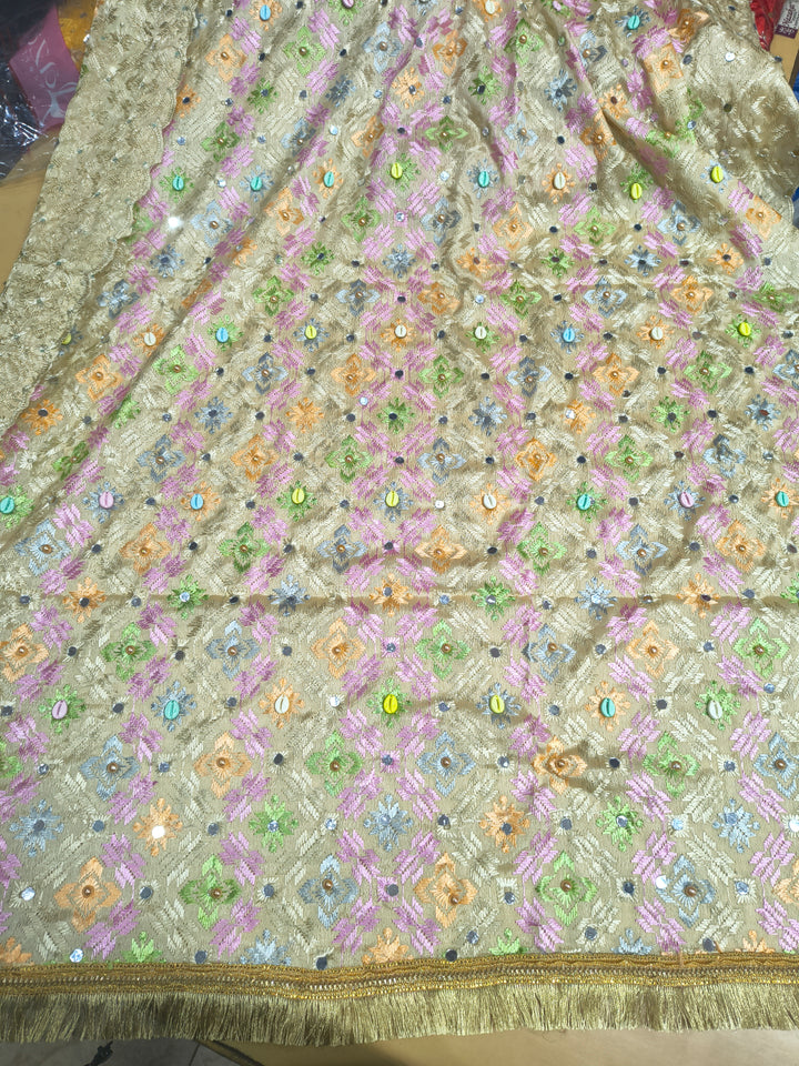 Golden Beige Multicolor Mirror Work Phulkari Dupatta with Tassel Border