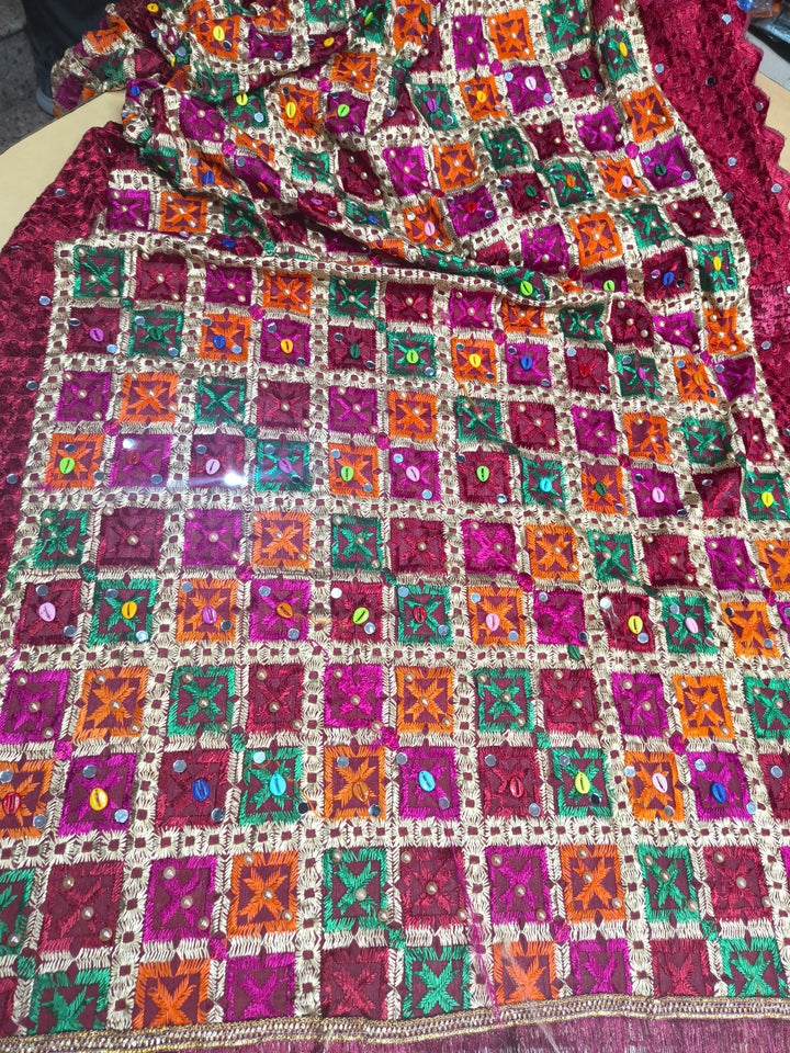 Heavy Multicolor Phulkari Dupatta with Mirror, Pearl & Kodi Work