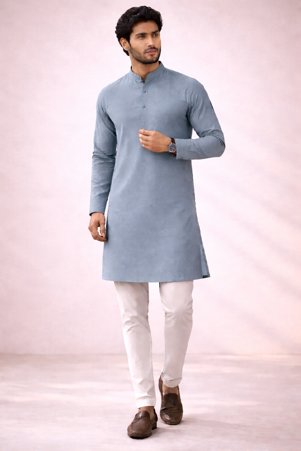 Premium Giza Cotton Fabric Lemmicey Blue  for Kurta Pajama (58 Inch Width) Per Meter