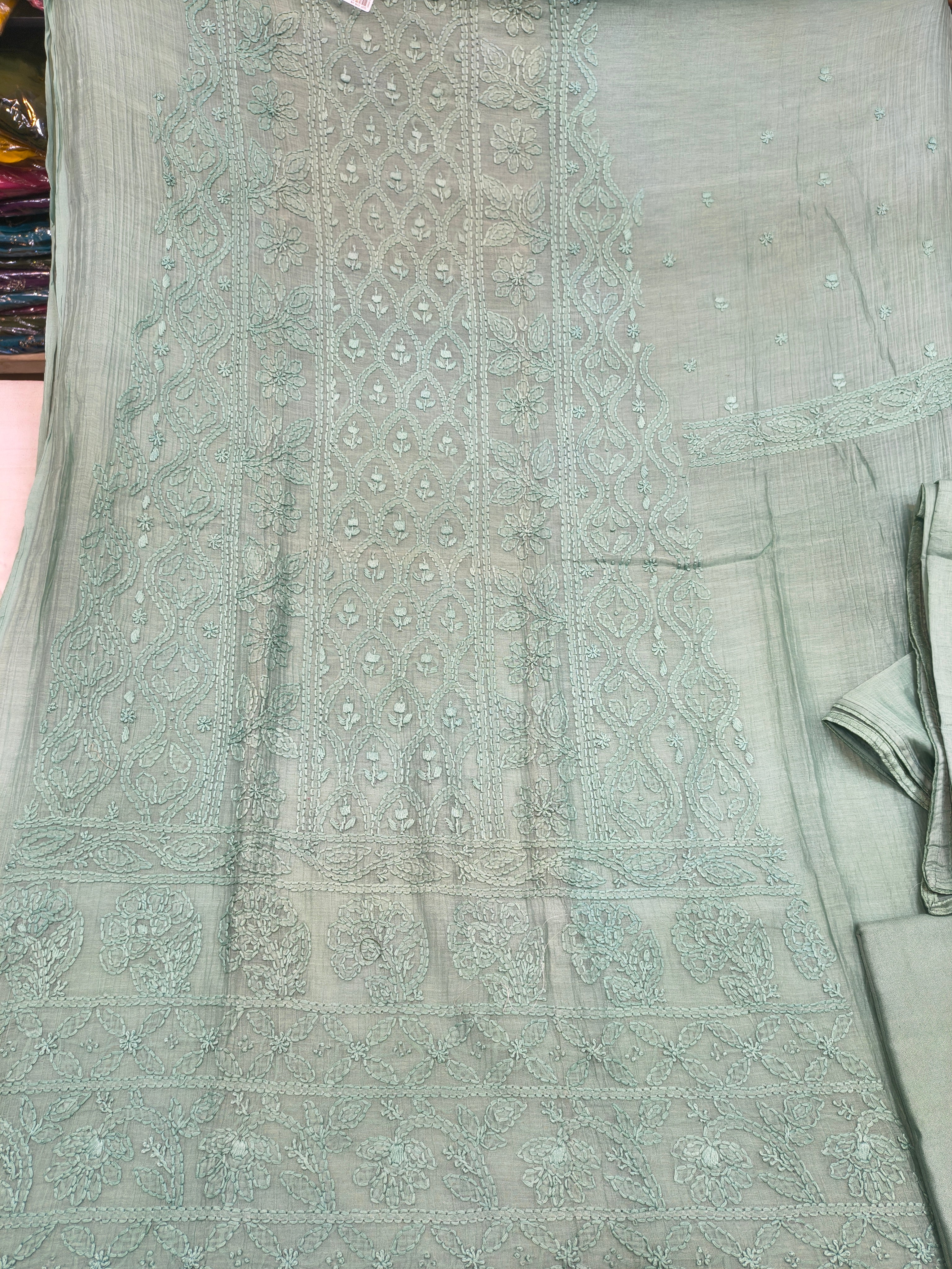 Sea Green Chikankari Unstitched Cotton Suit Fabric with Dupatta