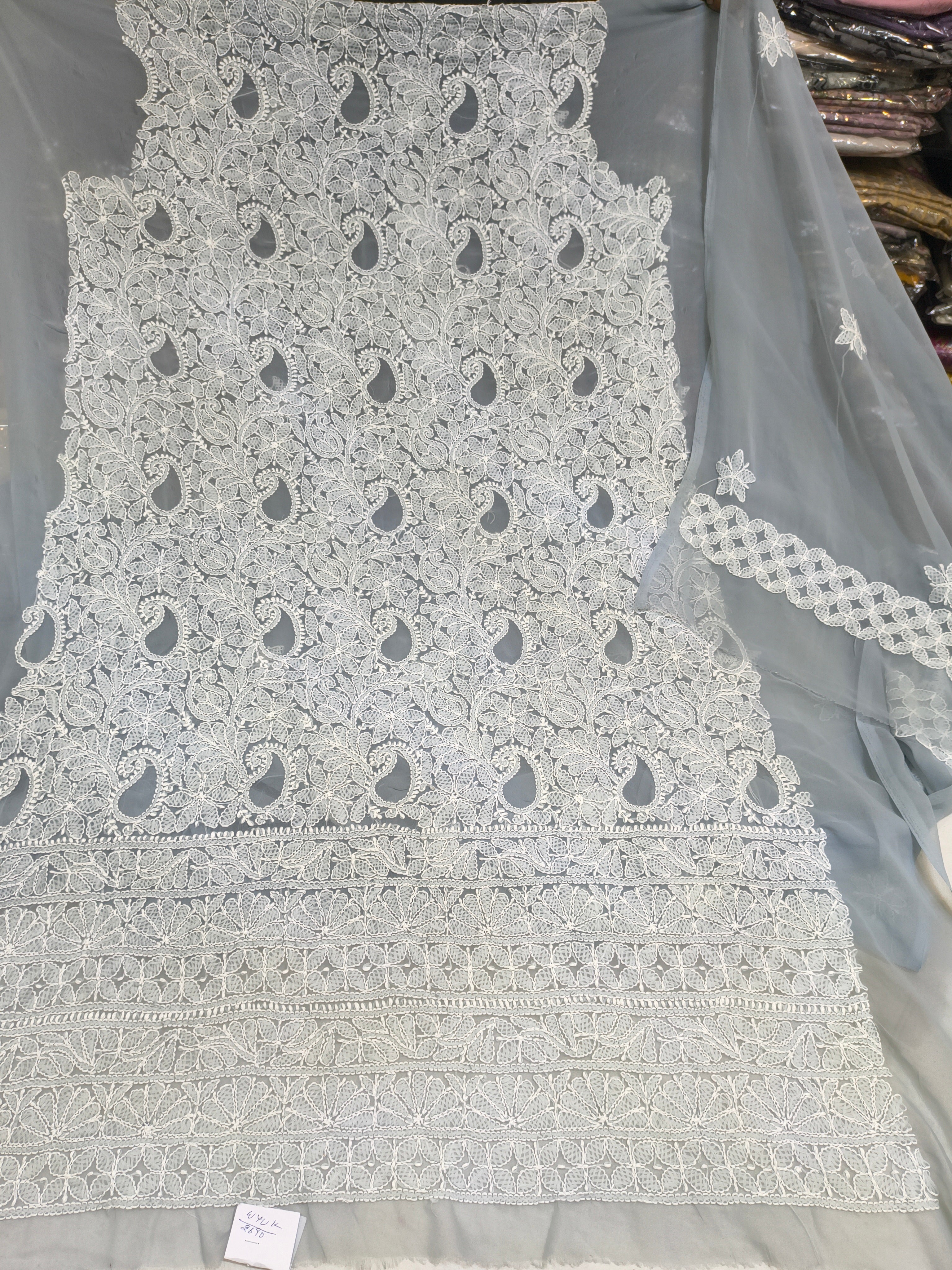 Grey Lucknowi Thread Work Unstitched Georgette Suit Fabric with Dupatta