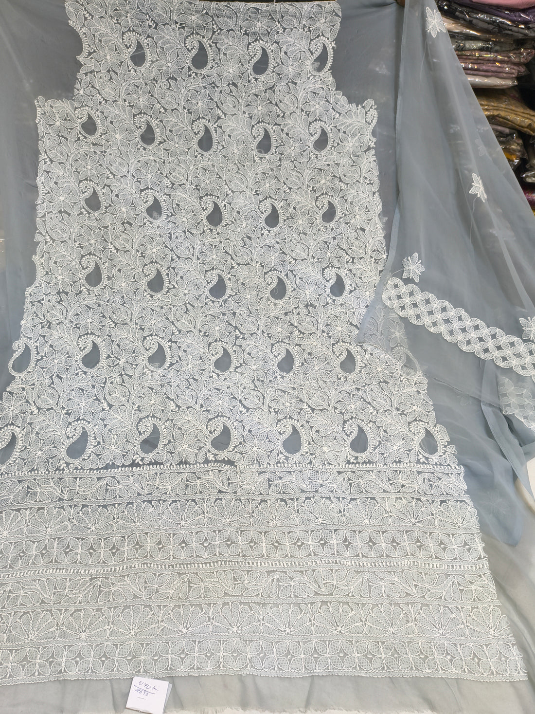 Grey Lucknowi Thread Work Unstitched Georgette Suit Fabric with Dupatta
