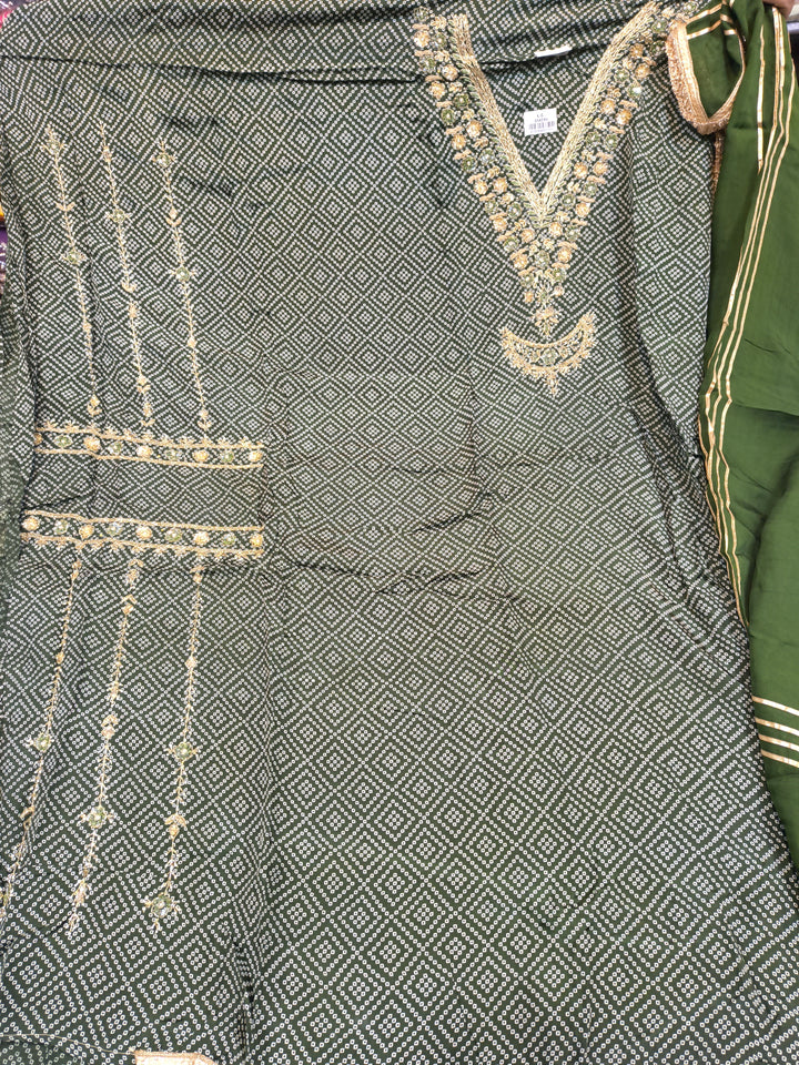 Mehndi Green Embroidered Unstitched Silk Crepe Suit Fabric with Dupatta