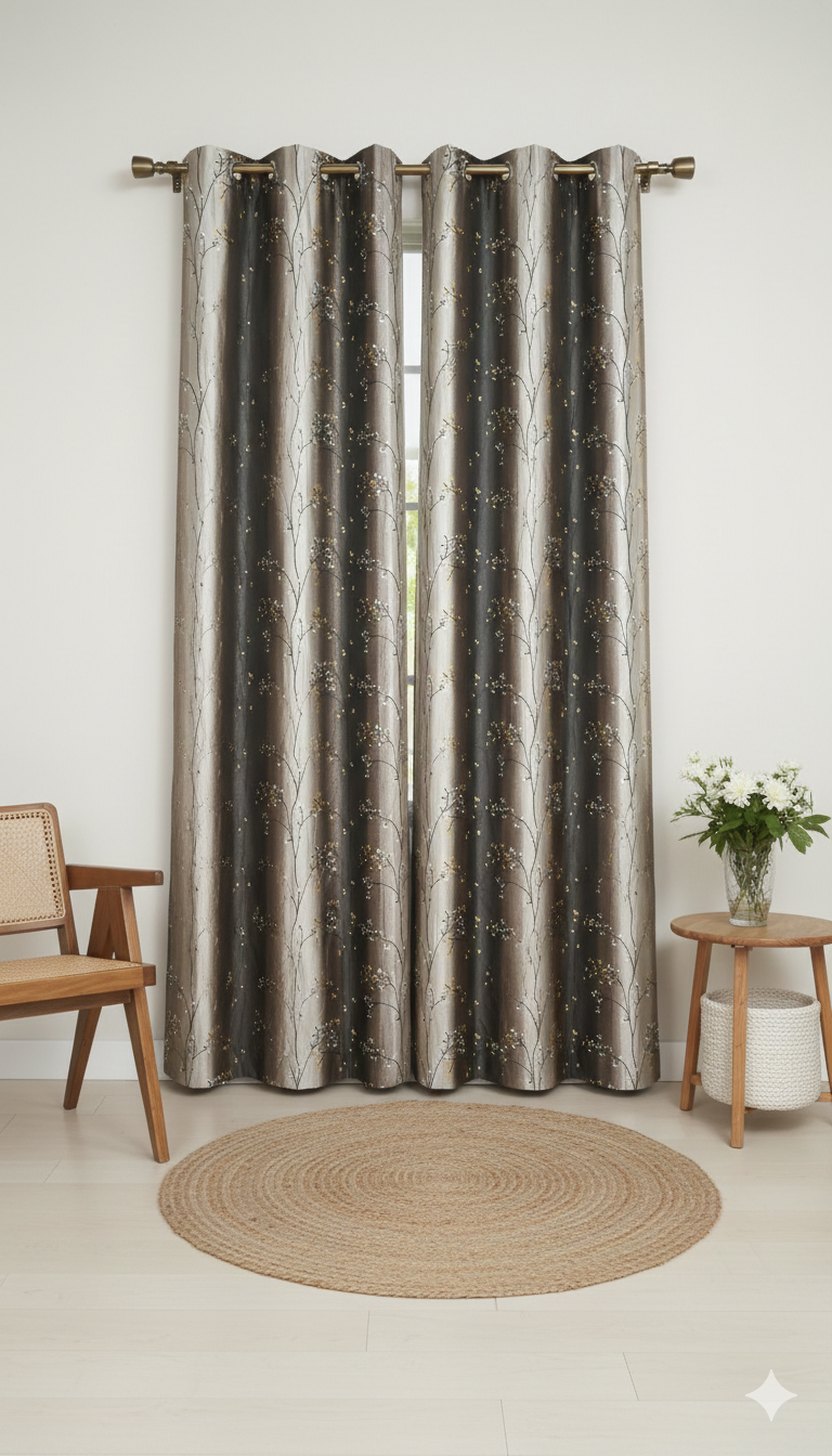 Brown & Grey Tree Print Curtain | 7 Feet | Eyelet Style | Price Per Piece