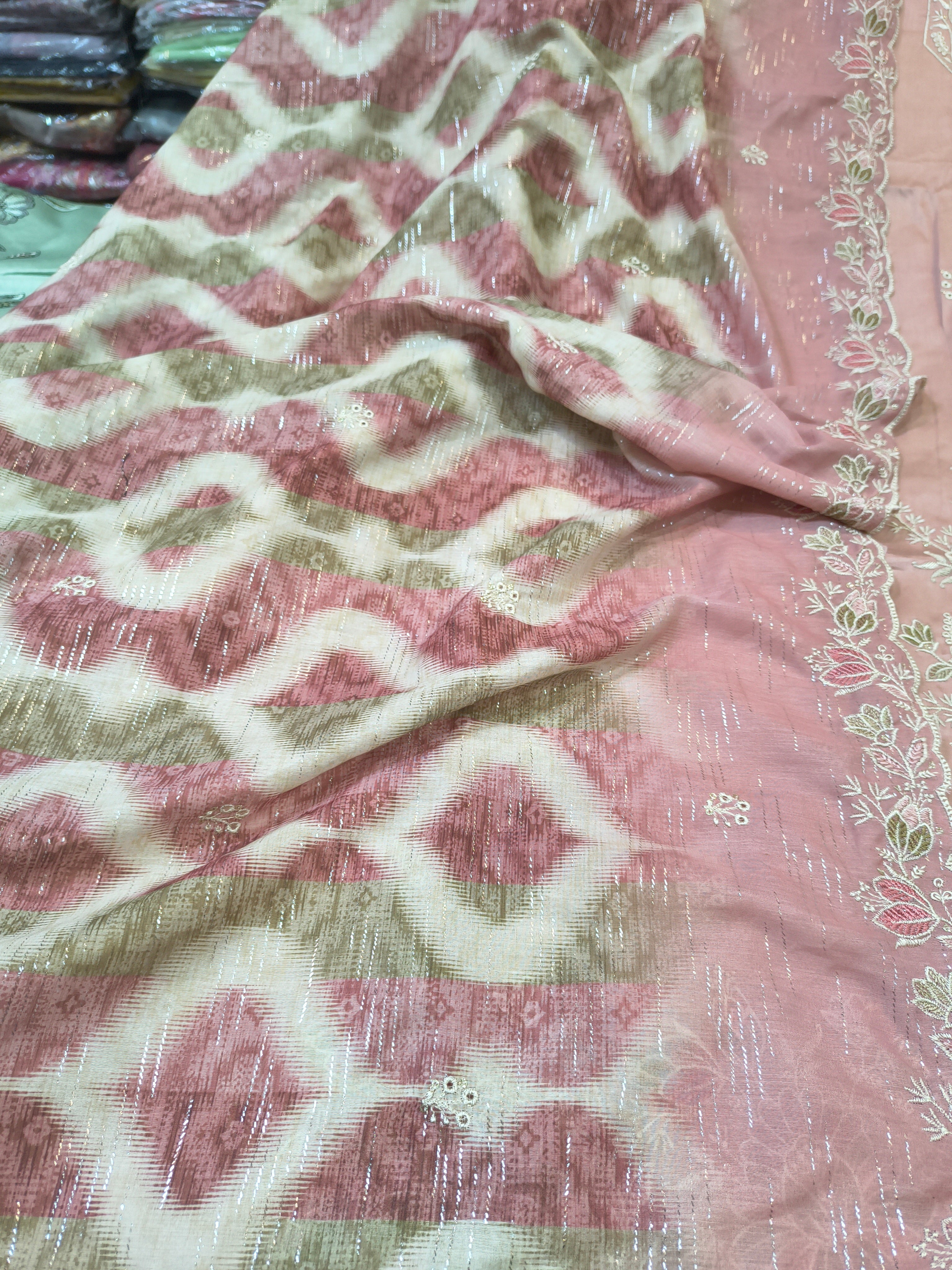 Baby Pink Embroidered Unstitched Suit Fabric Set with Designer Dupatta
