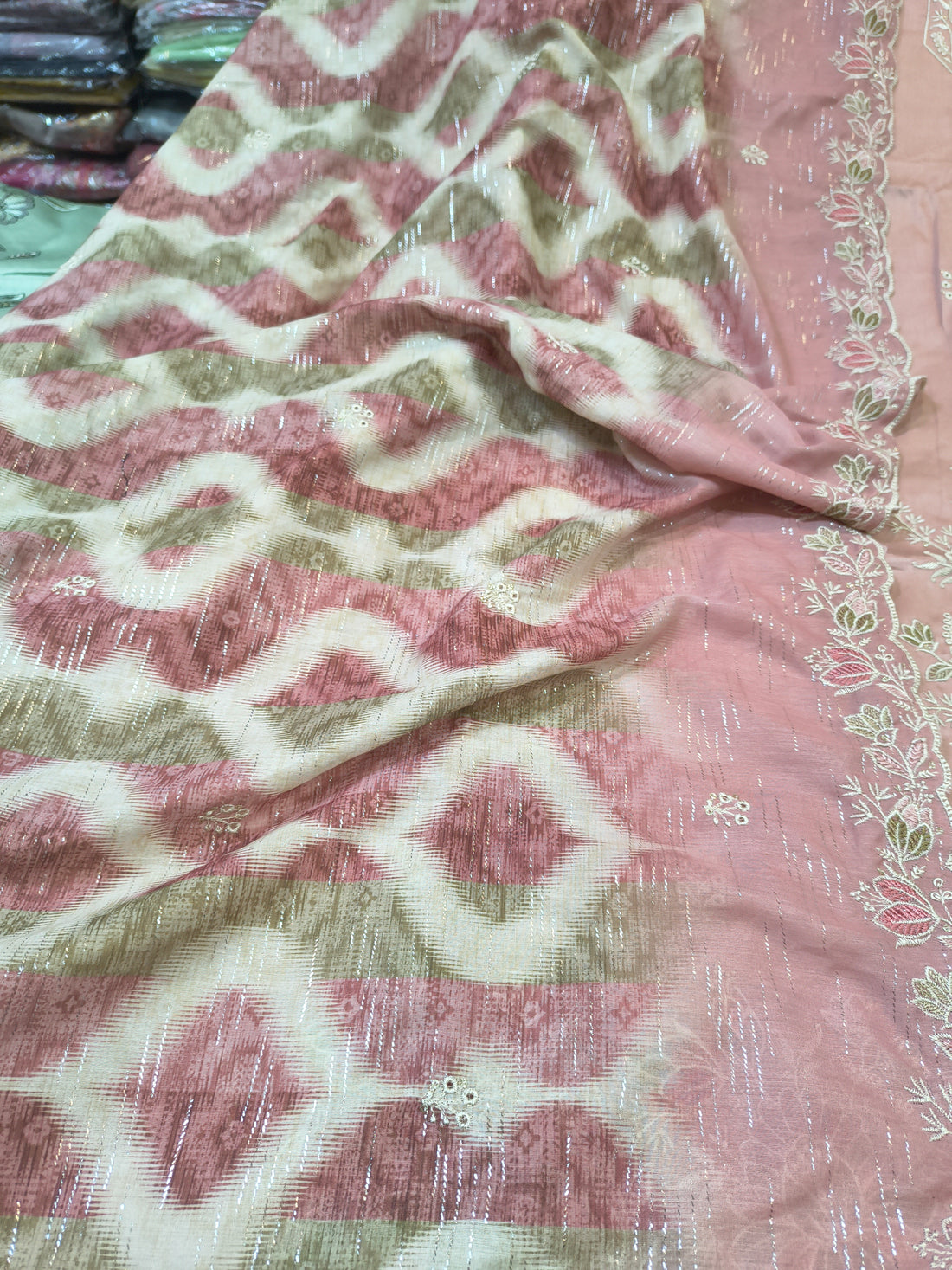 Baby Pink Embroidered Unstitched Suit Fabric Set with Designer Dupatta