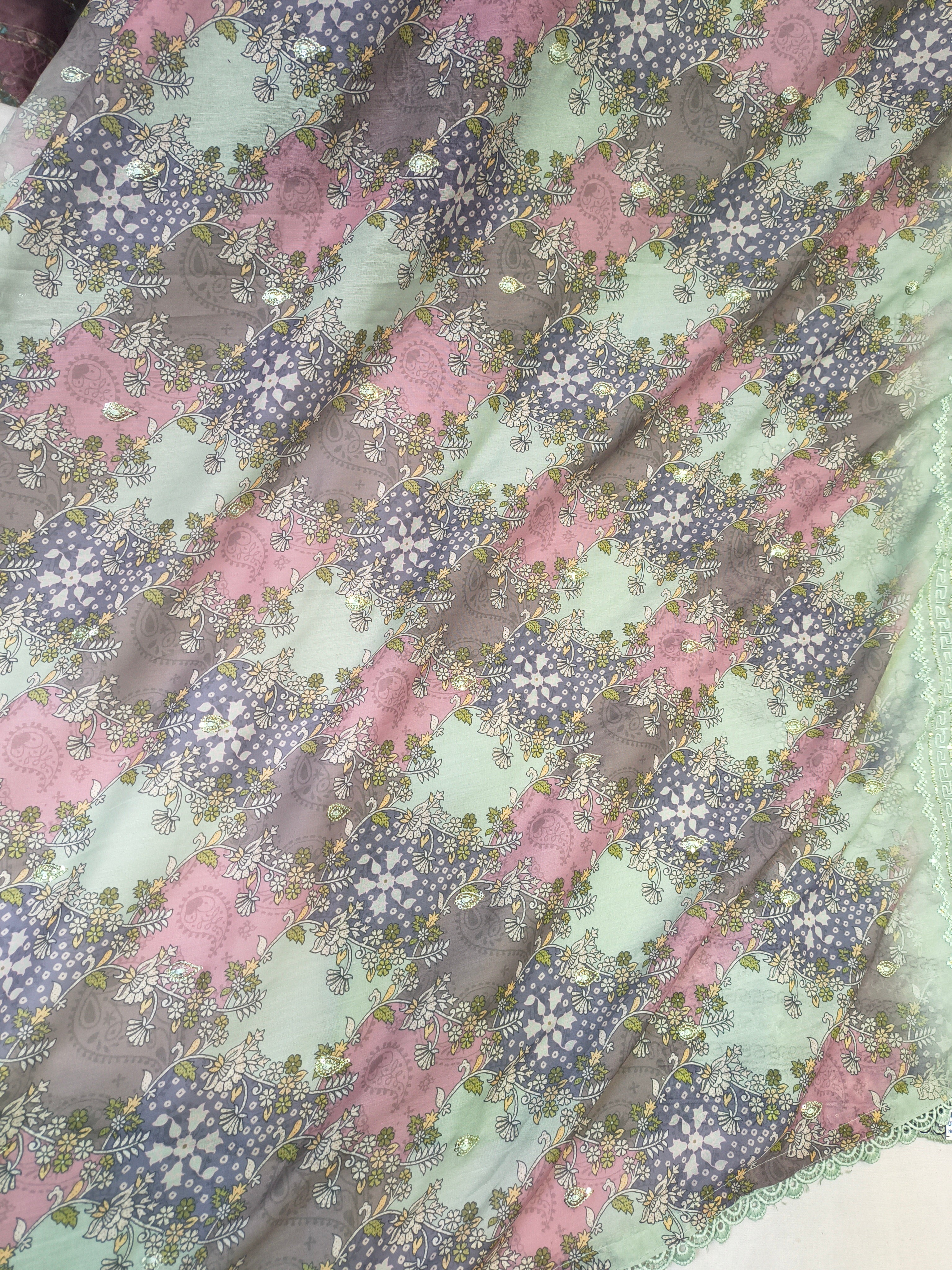 Premium Pista Green Floral Unstitched Suit Fabric Set