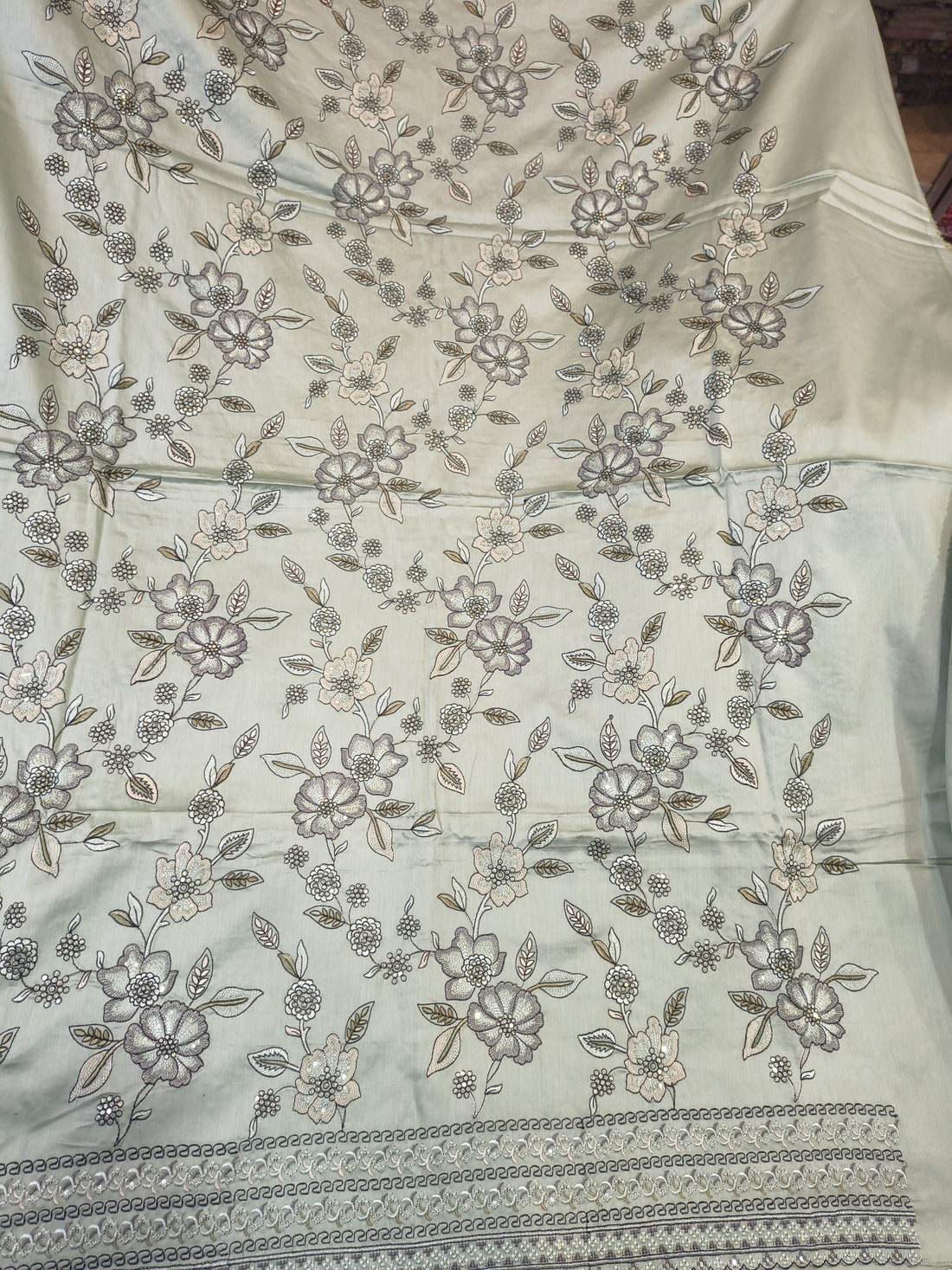Premium Pista Green Floral Unstitched Suit Fabric Set