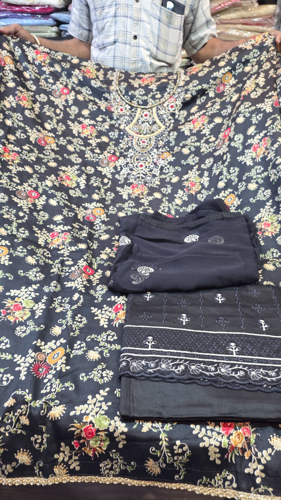 Black Floral Premium Cotton Unstitched Suit Fabric Set with Embroidered Bottom