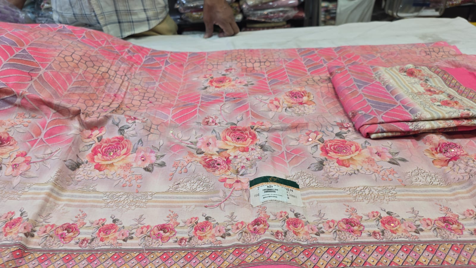 Pink Floral Premium Cotton Unstitched Suit Fabric Set with Printed Dupatta