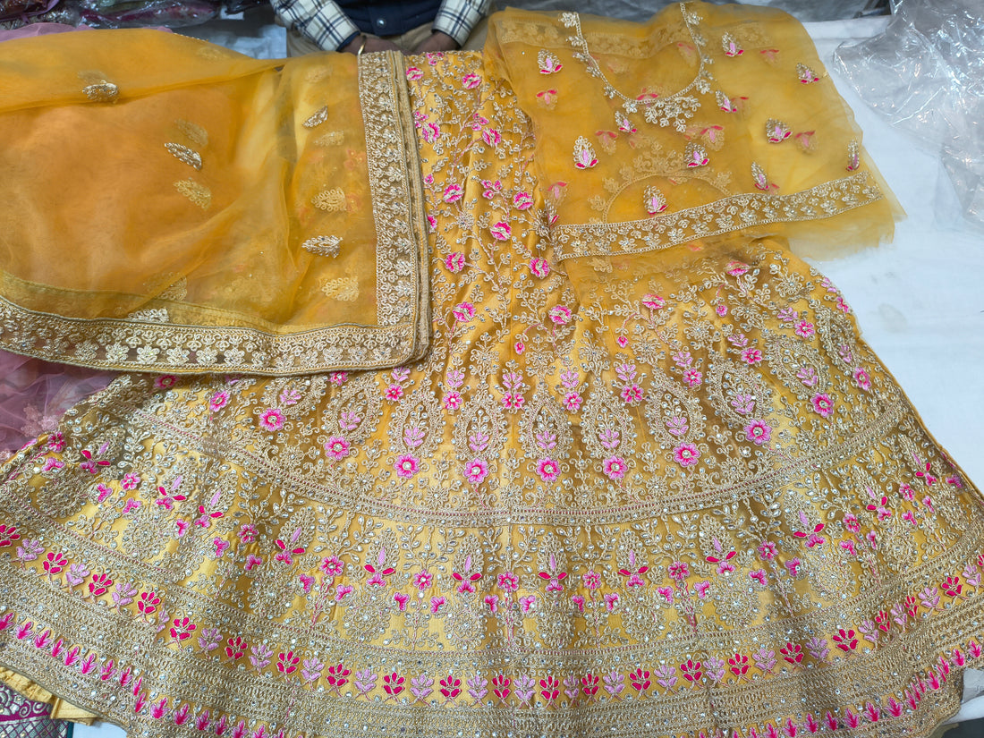 Mustard Yellow Embroidered Net Unstitched Lehenga Choli with Dupatta