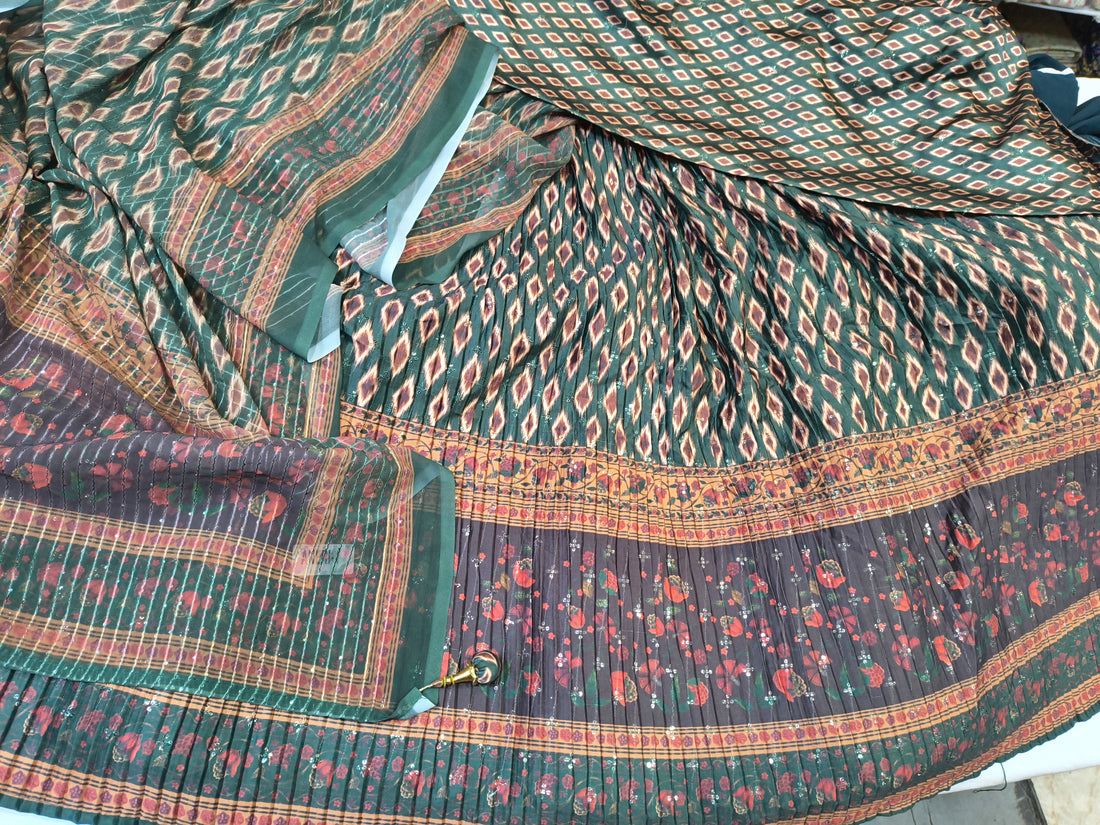 Green Satin Silk Printed Unstitched Lehenga Choli with Matching Dupatta